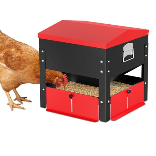 Portable Metal Chicken Feeder, Freestanding Chicken Feeder with Top-Sloped Waterproof Lid, No Waste Gravity Poultry Feeder for Hens and Ducks, 80 lbs Large Capacity
