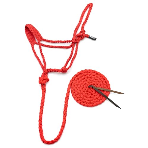 Jeffers Equine Braided Mule Tape Halter with 10' Detachable Lead Rope Set for Horses, 14 to 18 Hands - Stylish Design with Adjustable Poll Strap, Easy to Use Western Tack - Red - color: Red