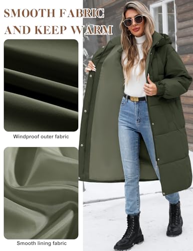 Women Long Puffer Coat Winter Warm Hooded Jacket Long Sleeve Parka Full Length Down Coats With Zip - color: Army Green, size: Medium