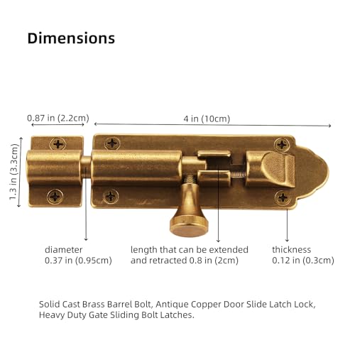 Solid Cast Brass Barrel Bolt, Antique Brass Door Slide Latch Lock, Heavy Duty Gate Sliding Bolt Latch - color: Bronze