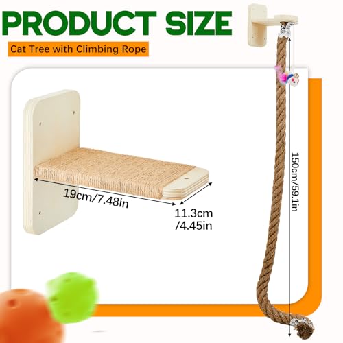 Weysat 2" x 4.92 ft Cat Climbing Rope with 2 Jumping Platform Wall Mounted Thick Jute Cat Scratching Post Furniture Wall Climbing System for Kittens & Large Cats(Wood,with Toys) - color: Wood, style: with Toys