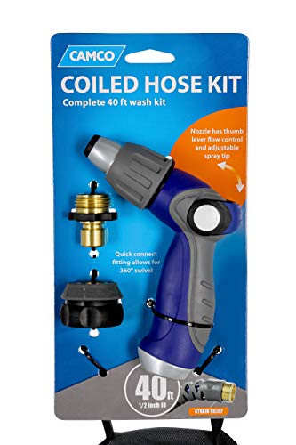 Camco 40’ Coiled Water Nozzle with Adjustable Spray Pattern Kit – Hose Design Prevents Kinking and Tangling, for Car Washing and Gardening (41982) - style: 40' Coiled Water Hose Kit