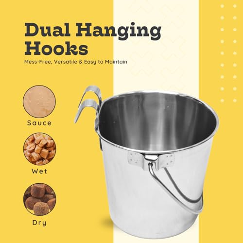 1 quart Stainless Steel Flat Sided Bucket with Dual Hooks | 0.25 gal Durable Food & Water Bowl for Dog Cat Bird & Small Animals | Fits kennel Cage Critter Crate | Hanging Utility Pet Pail - size: 1 Quart