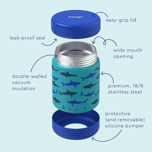 Bentgo Kids Stainless Steel Leak-Proof Food Jar for Hot or Cold Food | 11 fl oz Double Insulated Container with Removable Silicone Bumper, Dishwasher Safe, Easy Open Lid, Ages 3+ (Sharks) - color: Shark