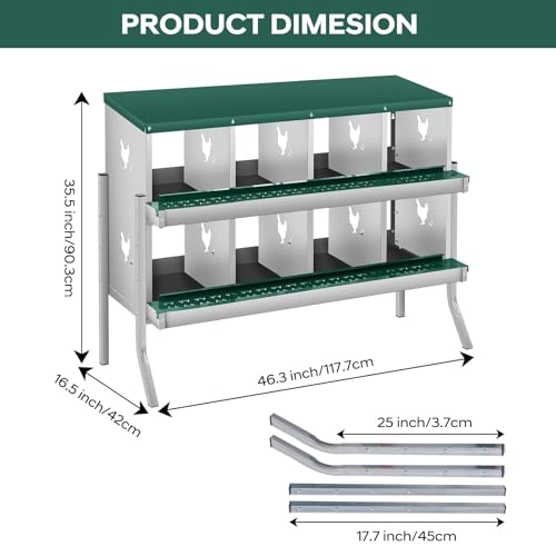 8 Compartment Chicken Nesting Boxes, Metal Roll Away Egg Laying Boxes with Removable Tray & Lid Cover, Chicken Coop Nest Box for Hens, Egg Protection Design (with Legs) Green - color: Green, size: 8 hole - with leg