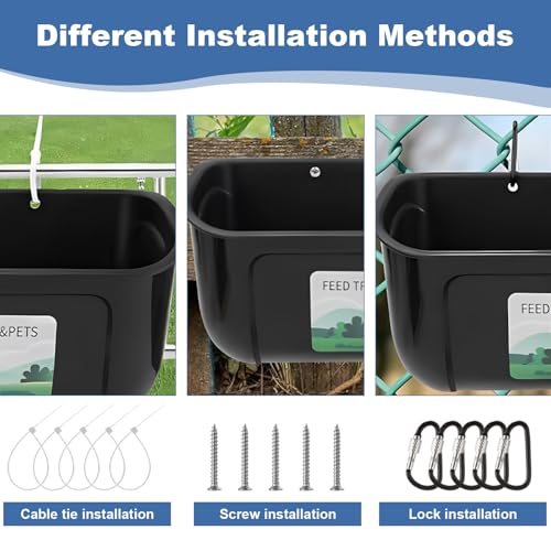 6 Pack Goat Feeders Hanging 3.5 Quart Chicken Feeder Waterer Trough, Goat Mineral Feeder Fence Feeder for Livestock Poultry, Duck, Black