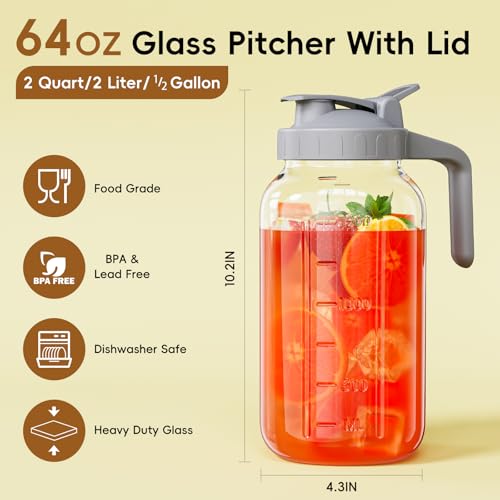 Glass Pitcher with lid, 64 oz Wide Mouth Mason Jar | Dual leak-proof lid, heavy duty glass design, pour spout and handle for cold brew coffee, sun tea and iced drinks - color: Gray, size: 64 Ounces