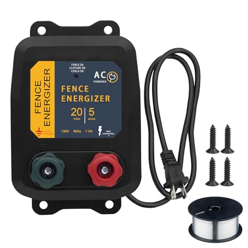 Electric Fence Energizer with Wire 5 Miles/ 20 Acres AC Powered 120 Volt, Plug-in Electric Fence Charger Output 1.2 Joule for Preventing Raccoons, Livestock, Squirrels - style: 5-Mile/ 20 Acres with Wire