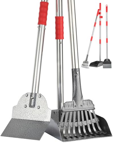 FUSBUNTY Long Handle Dog Pooper Scooper, Heavy Duty Stainless Steel Rake | Includes Tray & Spade for Pet Waste Removal. Rust-Proof Metal Scoop Set for Grass, Dirt, Gravel, Yard & Outdoor Clean Up. - color: Red-Standard