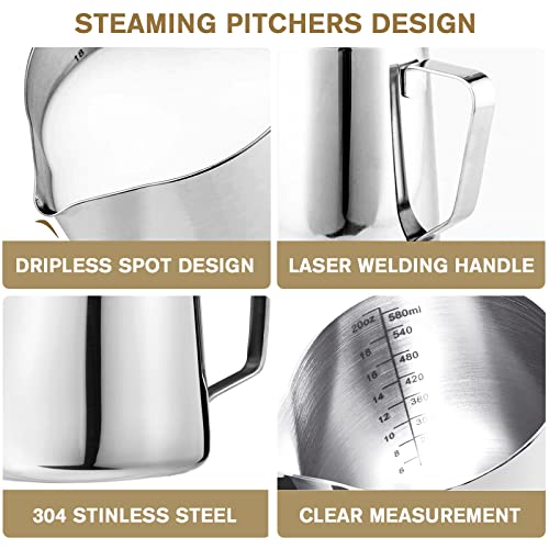Milk Frothing Pitchers 20 oz, Stainless Steel Espresso Steaming Pitcher with Decorating Pen Coffee Milk Frother Cup with Scale Cappuccino Latte Art Barista Steam Pitchers Milk Frother Cup - color: Silver