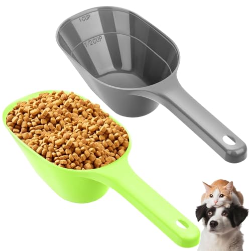 2 PACK Dog Food Scoop,1 Cup Capacity Pet Food Scoop For Dog and Cat | Grey and Green,Clear Markings for Precise Measuring 1/2 and 1 Cup Lines,Dishwasher Safe,Plastic,Portable and Sturdy - color: Grey and Green