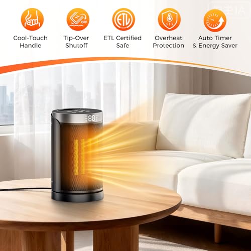 1500W Space Heater for Indoor Use, Portable PTC Ceramic Heater with 70° Oscillation, Remote Control, 1–12H Timer, Quiet Electric Heater with Overheat & Tip-Over Protection for Bedroom and Office - size: 9.9" / 70° Oscillation