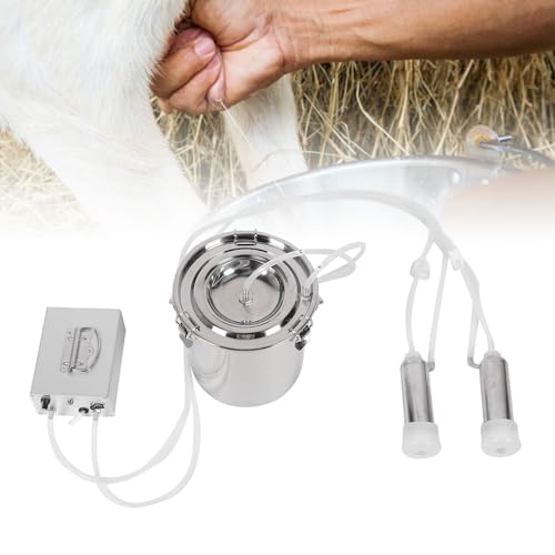 Electric Milking Machine, Portable Vacuum Milker with 5L Stainless Steel Bucket and Adjustable Pulsation, for Goat and Cow, Rechargeable Battery Operation