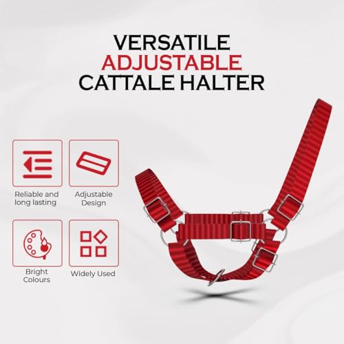 Adjustable Nylon Cow Halter | Calf Halter one Halter for (1 Year to Full Size) Easy Adjustable Straps elimates the Need of Ill-Fitting Cattle Halter - color: RED