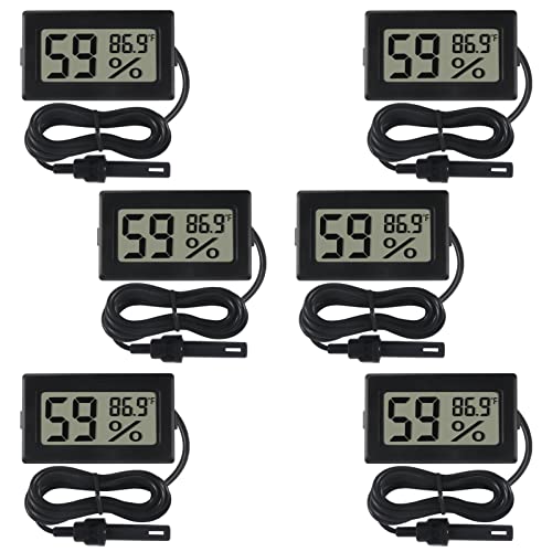 6-Pack Mini Digital Thermometer Hygrometer with Probe Indoor Temperature Humidity Meter Gauge LCD Fahrenheit Display Hygrometer Thermometer Gauge, Black - color: 6PCS Black