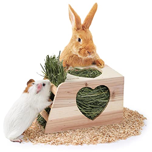 JanYoo Hay Feeder for Rabbits Wooden Holder for Cage Large Rack Hanging Food Manager Less Waste Dispenser Bunny Accessories - size: Xlarge-0.65lb Capacity