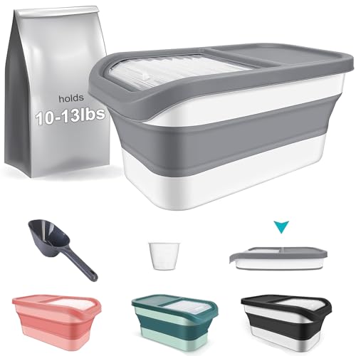 Pet Food Storage Containers, Collapsible Cat Food Container with Transparent Sliding Lid,10-13 lb Plastic Dog Food Bin with Measuring Cup and Dog Food Scoop - color: small gray