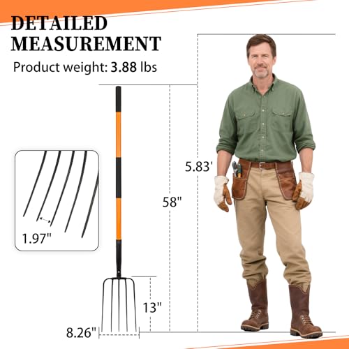 Nohovu 5 Tine Pitchfork for Gardening, Heavy Duty Pitchfork with Fiberglass Handle, Garden Fork for Mulching, 58 Inches