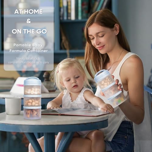 Termichy Stackable Formula Dispenser Portable: Milk Powder Container to go | Separated Compartments Premeasure Storage - Mess-Free Funnel Spout for No-Spill Pouring - for Home or Travel Use - color: Misty Blue
