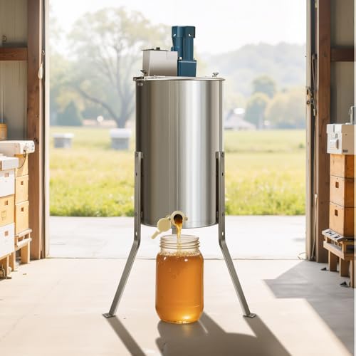 VEVOR Electric Honey Extractor, 3 Frame Honey Extractor with Transparent Lid, Stainless Steel Honeycomb Drum Spinner, Height Adjustable, Honeycomb Extraction Equipment for Beekeeping - style: 3 Frame