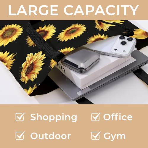 Cute Canvas Tote Bag for Women, Book Totebag with Zipper Pocket - color: Sunflower