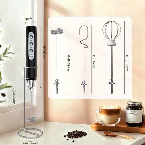 Colarlemo Milk Frother Handheld Rechargeable with Stand, Frother Wand Drink Mixer Electric Whisk for Coffee, Detachable With 3 Stainless Whisks, Hand Mixer for Lattes, Cappuccino, Matcha, Egg, Black - color: Black, style: with stand