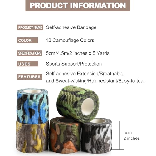 12 Rolls Non-Woven Vet Wrap Cohesive Bandages,Self Adherent Wrap Self Adhesive Bandage, Vet Wraps, Non-Woven for Wrist, Ankle, Sprains, Swelling, Pet Horse Animals(Camouflage,2 inchx 5 Yards)