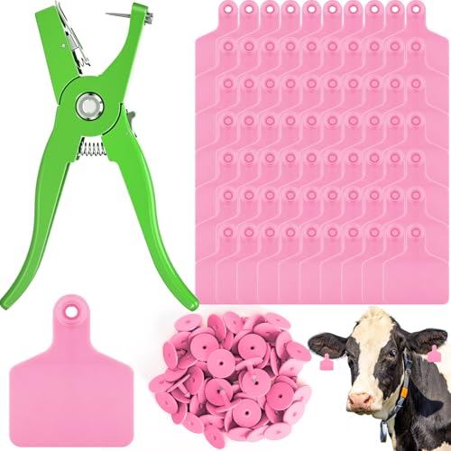 Lothee 100 Pcs Blank Cattle Ear Tags with Pliers Large Pink Plastic Precision Animal Identification Blank Livestock Ear Tags for Cattle Cow Horse Dog Pig Goat Sheep Farm Management - color: Pink