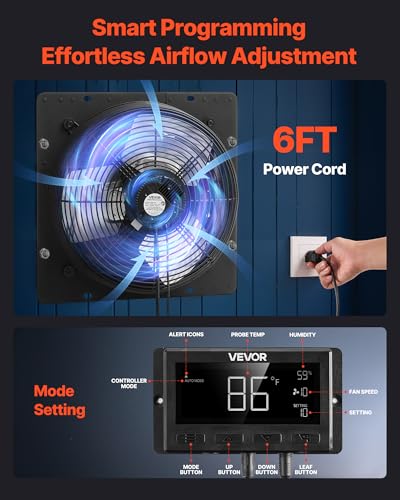 VEVOR 10 inch Exhaust Fan, Wall Mounted Attic Fan with Variable Speed, Temperature & Humidity Controller, 1000 CFM, Automatic Shutter - size: 10 Inch