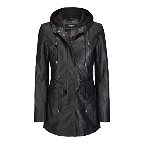 TruClothing Womens Real Leather Parker Coat 3/4 Hooded Safari Duffle Jacket Black Soft - size: XX-Large