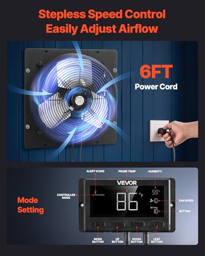 VEVOR 14 inch Exhaust Fan, Wall Mounted Attic Fan with Variable Speed, Temperature & Humidity Controller, 2000 CFM, Automatic Shutter - size: 14 Inch