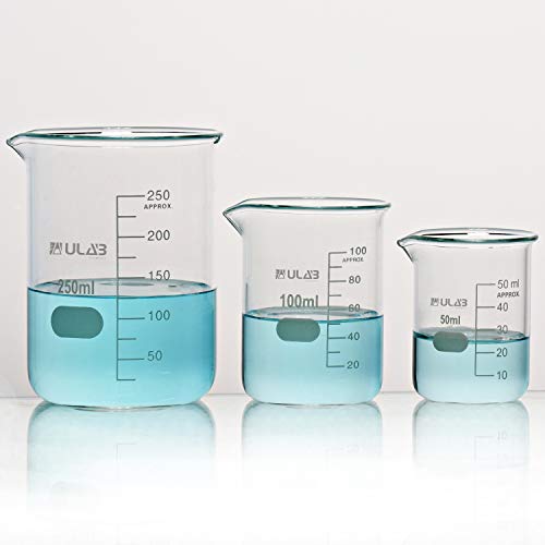 ULAB Scientific Glass Beaker Set, 3 Sizes 50ml 100ml 250ml, 3.3 Boro Griffin Low Form with Printed Graduation, UBG1001 - style: Low form 3 Sizes: 50ml 100ml 250ml