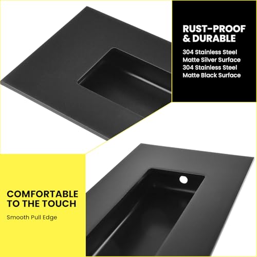 6 Inch Sliding Closet Door Handles, 2 Pack | Stainless Steel Recessed Finger Flush Pulls, Rectangular Matte Black Pocket Door Handles for Closet Doors Sliding Barn Doors - size: 6"×1.97" (L×W)