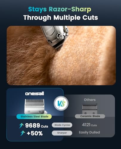 oneisall PC18 Dog Clippers for Grooming for Thick Coat | 6800 RPM High-Speed, Detachable Stainless Steel Blades,4 hours of battery life, Dog Shaver for Thick/Matted/Knotted/Hair