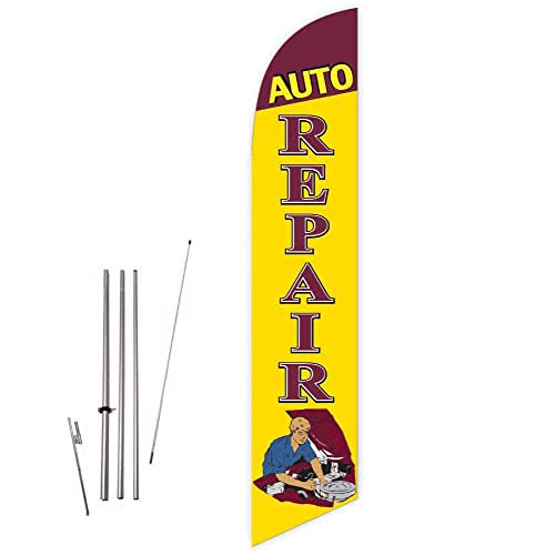 GLOBAL ADVERTISING SOLUTIONS Auto Repair Feather Flag Eye Catching Banner Sign for Business and Marketing Complete Set with 15 ft Pole Kit and Ground Spike (Brown Yellow) - style: Brown Yellow