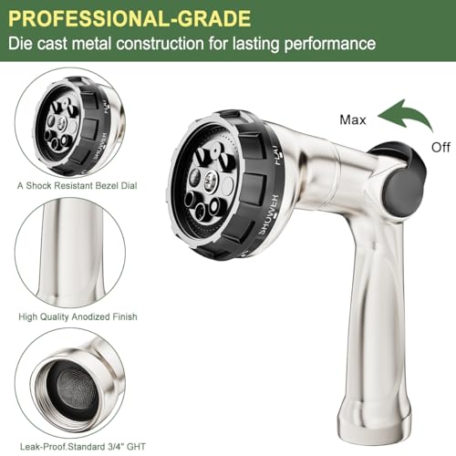 FANHAO Thumb Control Garden Hose Nozzle Heavy Duty Metal, 8 Spray Patterns | Rustproof Zinc Alloy Water Hose Sprayer, High Pressure, Non-Slip Ergonomic Grip for Lawn & Plant Watering, Car & Pet Washing - color: Silver