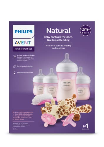 Philips Avent Natural Baby Bottle with Natural Response Nipple, Pink Baby Gift Set with Snuggle, SCD838/03 (Pack of 2) - color: Pink, size: 12 Count (Pack of 2)