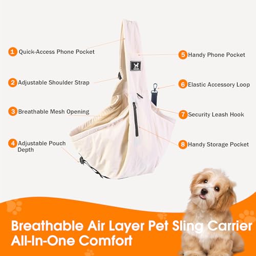 Dog Sling Carrier for Small Dogs & Cats 5-20 lbs, Adjustable Depth | Breathable Air Mesh Puppy Sling, Water-Resistant Travel Bag, Double Safety Leash, Machine Washable, Hands-Free Pouch, Apricot - color: Apricot