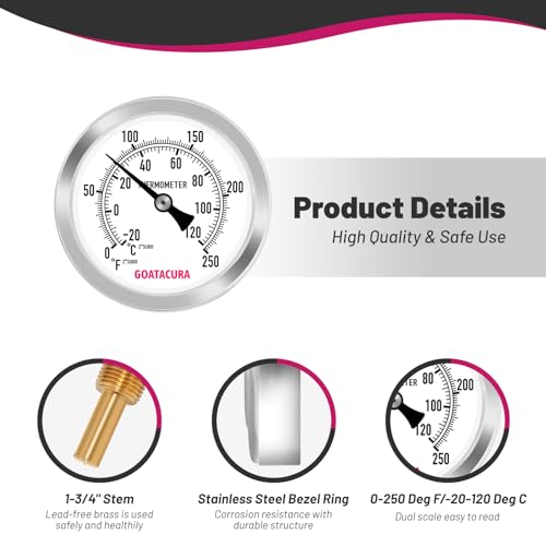 Hot Water Bimetal Thermometer, 2-1/2" Dial Size, 1-3/4" Lead-Free Brass Stem, 1/2" NPT Back Mount, 0-250 Deg F/-20-120 Deg C, 2% Accuracy