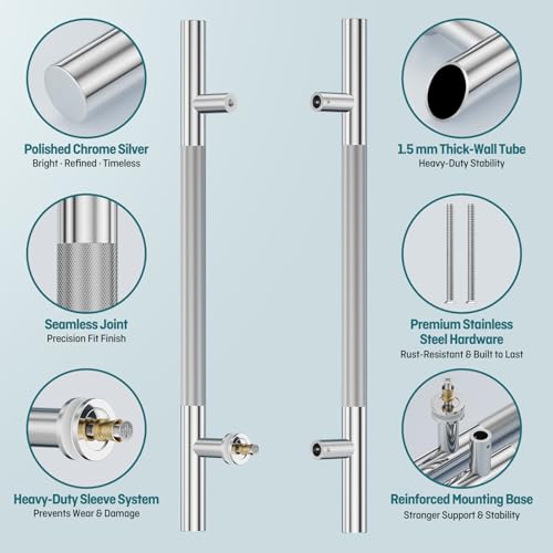 Ranbo 24" Knurled Door Pull Handle, 16"(406mm) CTC, Polished Chrome | Heavy Duty 1.5mm 304 Stainless Steel, Back to Back Pull Handles for Interior/Front /Barn/Commercial/Entrances, Enhanced Grip - size: 24 Inch