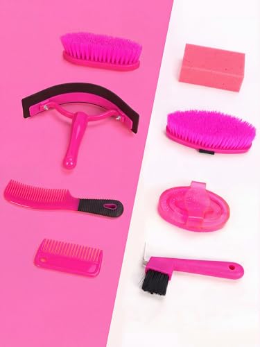 Horse Grooming Kit, Pink Storage Bag with 10 Piece Professional Equestrian Care Tools, Brushes, Combs, Scraper and Gloves (Pink)