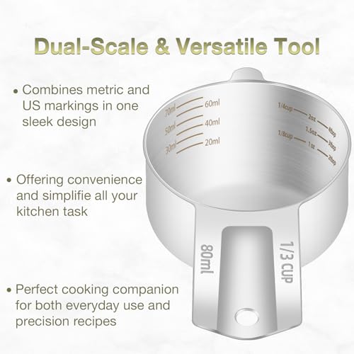 1PCS 1/3Cup (80ml, 2.6oz) Measuring Cup, Etched Inner Scale Measure Scoop | 18/8(304) Food-Grade Stainless Steel, Seamless One-Piece design, Metric and US Measurement, ‌Rust-Free, Dishwasher-Safe - size: 1/3Cup