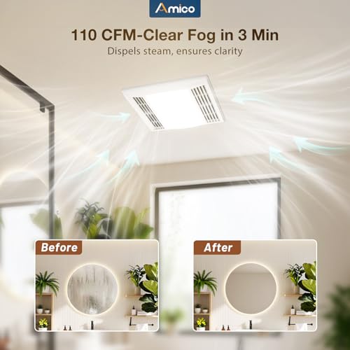 Amico Bathroom Exhaust Fan with LED Light, 110 CFM, 1.0 Sones, 5CCT, 90 CRI | 1000LM, Ceiling Mount Shower Ventilation Fan, No Attic Access Needed, 4 Inch Duct, 9.4'' x 9.4'' Ceiling Opening, ETL & FCC - size: 110 CFM