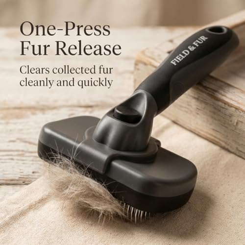 FIELD & FUR Self-Cleaning Slicker Brush for Dogs & Cats, Pin Brush for Goldendoodles, Labradoodles, Poodles, Puppies & Long-Haired Coats - Skin-Friendly Stainless Steel Pins for Shedding & Dematting