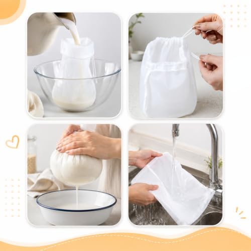 8Pcs 300 Mesh Strainer Bag, Nylon Fine Mesh Strainer Bags, Food Grade 2 Sizes (6 x 8 In & 8 x 12 In) for Straining Oat Almond Milk, Greek Yogurt, Juice, Cold Brew Coffee, Beer Tea, White