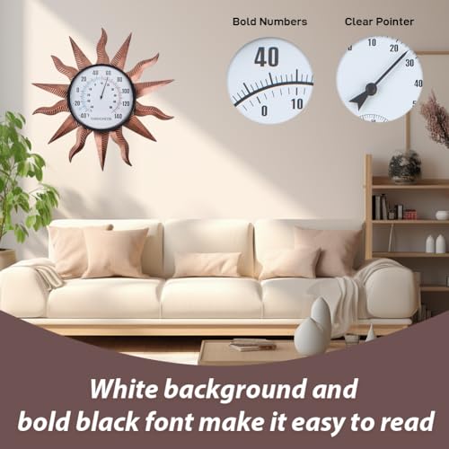 VEWOGITF 14" Sun Outdoor Thermometer | Retro Indoor Wall Thermometer No Need Battery, Metal Thermomter for Patio Garden Living Room Decor - color: Copper Sun
