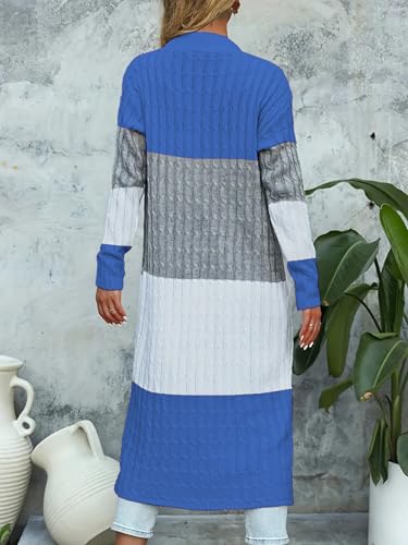 Womens Color Block Cardigan Sweater Long Duster Open Front Sweater in Chunky Cable Knit Plus Size Cardigan - color: 02-blue, size: Small