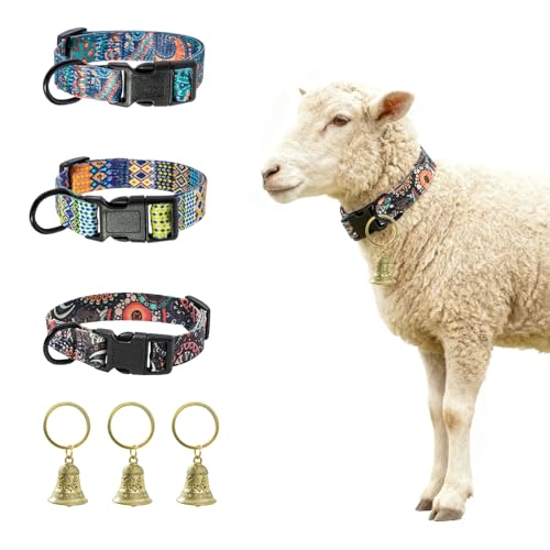 Goat Collar, 3 Pack Goat Collars with Metal Bell, Polyester Adjustable Collar with Bronze Metal Bell for Sheep, Cow, Dog and Other Small Farm Animals