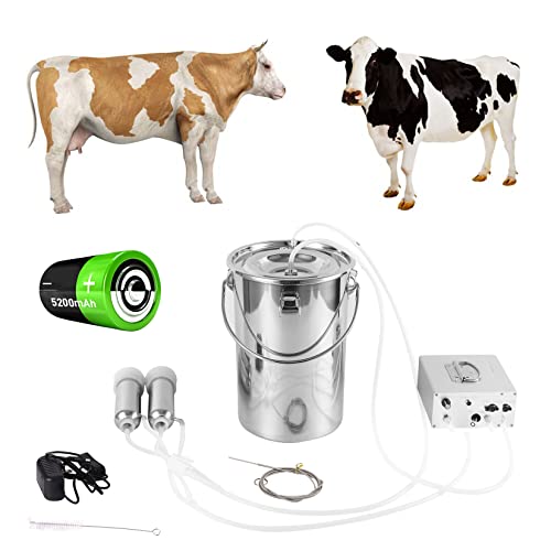 7L Cow Electric Milking Machine, Automatic Rechargeable Battery Powered Pulsation Vacuum Pump with 2 Teat Cups Stainless Steel Bucket for Goat(Battery Model)