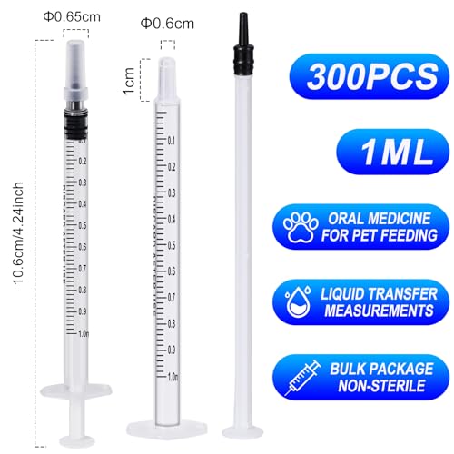 300 PCS 1ml Syringe Bulk with Cap,1cc Plastic Small Syringes with Cover, Liquid Measuring Syringe, Syringes Tools for Scientific Labs, Feeding Small Pets, Oil or Glue Applicator-Individually Sealed - style: 1ml